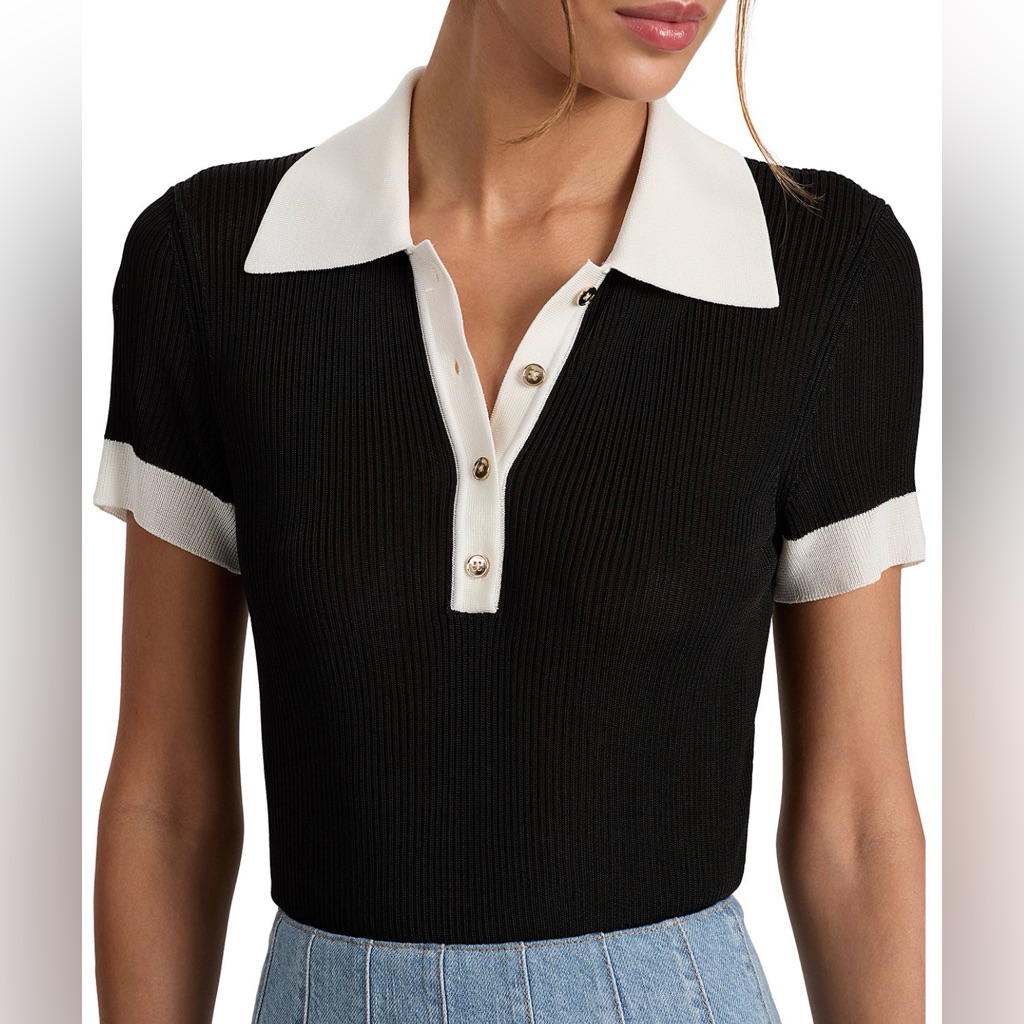 Alice + Olivia Martha Ribbed Knit Polo In Black Soft White